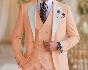 Custom Peach Wedding Suit Men Slim Fit 3 Piece, Peak Lapel Double Breasted Vest, Luxury Groom Tuxedo Set, Summer Formal Prom Suit
