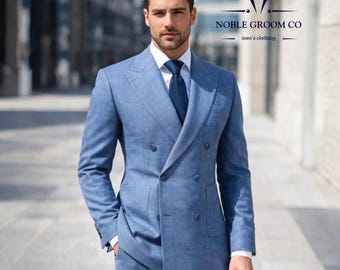 Benutzerdefinierte Blauer Zweireiher Herren Anzug, Slim Fit Reverse Business Anzug, Business Smoking, Abendkleidung 2-teiliges Set