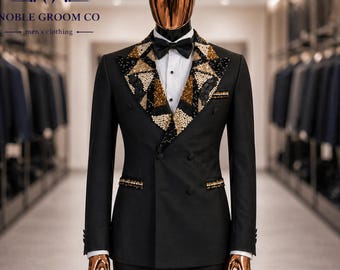 Custom Made Black Floral Jacquard Tuxedo Men, Slim Fit Peak Lapel Suit, Crystal Embellished Groom Wedding Blazer, Luxury Prom Party Suit
