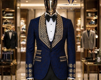 Esmoquin de novio azul marino real bordado en oro, traje de boda de lujo jacquard para hombre, blazer con solapa de chal y cristales, conjunto formal de 2 piezas para graduación.