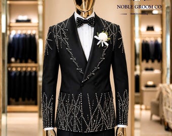 Benutzerdefinierter schwarzer Strass Herren-Smoking-Anzug, zweireihiger Luxus-Bräutigam-Blazer, Kristall-Hochzeits-Abschlussball-formales Outfit
