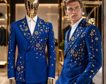 Custom Made Royal Blue Double Breasted Groom Suit, Gold Embroidered Slim Fit Wedding Tuxedo, Peak Lapel Luxury Men’s Formal Set