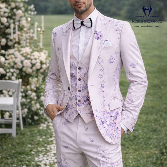Custom Lilac Floral Groom Suit 3 Piece, Slim Fit Wedding Tuxedo Men, Pastel Purple Blazer Vest Pants Set, Spring Garden Party Suit