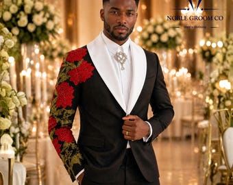 Maßgeschneiderte schwarze Bräutigam Smoking mit roter Blumenstickerei, Schal Revers Slim Fit Hochzeitsanzug, Luxus Herren Blazer Hose Set