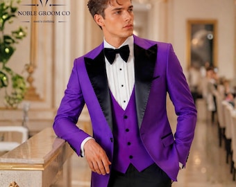 Custom Made Purple Men’s Tuxedo 3 Piece Slim Fit Wedding Suit, Black Peak Lapel Groom Prom Dinner Jacket Formal Set
