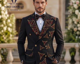 Custom Black & Emerald Beaded Groom Tuxedo, Slim Fit 3 Piece Wedding Suit, Shawl Lapel Crystal Embellished Luxury Men’s Formal Set