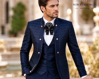 Custom Navy Blue Jacquard Wedding Suit for Men, Slim Fit 3 Piece Groom Tuxedo, Vintage Formal Suit, Royal Blue Prom Blazer Set