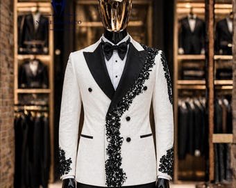 Custom Made White & Black Jacquard Groom Tuxedo, Double Breasted Shawl Lapel Wedding Suit, Slim Fit Beaded Lace Luxury Men’s Formal Set