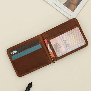 Cartera de clip de dinero de cuero, billetera delgada para hombres, regalo de padrinos de boda, regalo del día de los padres, billetera de bolsillo frontal, billetera personalizada, billetera minimalista