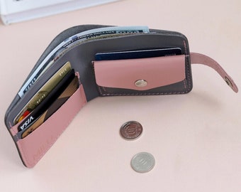 Leather small bifold wallet for women girl gray and pink,Engraved wallet,front pocket wallet,wallet for cash,minimalist wallet "Wally"