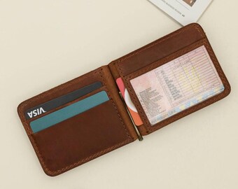 Cartera de clip de dinero de cuero, billetera delgada para hombres, regalo de padrinos de boda, regalo del día de los padres, billetera de bolsillo frontal, billetera personalizada, billetera minimalista