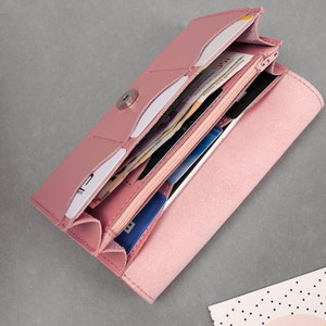 Cartera de piel rosa, monedero de piel auténtica hecho a mano, cartera rosa perlada para niña con grabado, cartera personalizada, regalo para niña