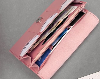 Cartera de piel rosa, monedero de piel auténtica hecho a mano, cartera rosa perlada para niña con grabado, cartera personalizada, regalo para niña