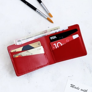Cartera de cuero rojo, cartera pequeña para mujer, cartera minimalista para mujer, cartera de bolsillo, bolso con personalización, cartera delgada, cartera grabada