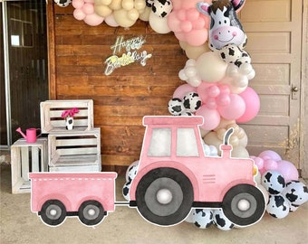 Pink Farm Big Decor CutOut, Tractor, Animales Barnyard Ranch, Decoración, Tema de decoración, Fiesta de cumpleaños, Fiesta Stand Up Prop, Descarga digital