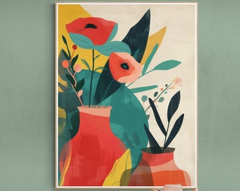 Vase with Colourful Flowers Botanical Print, Botanical Art, Plant Wall Art, Floral Boho Home Decor, Living Room, Bedroom, Digital Download