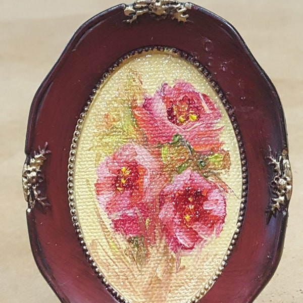 DollHouse Art, miniature,3x2,oval,Framed, oil painting, Two Roses, Flowers, original, Handpainted, BarbaraHaviland,Barbsgarden