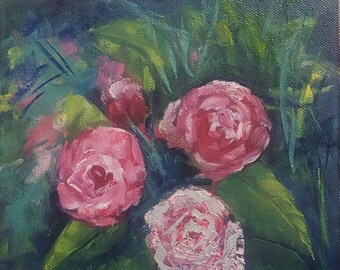 Handpainted, Camellias,VaseofPinkCamellias, flowers, oil painting, Barbara Haviland-Barbsgarden, Texas Artist,Flora, still life