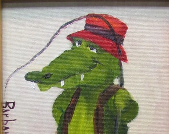 Alligator, Gator Fishing, miniature, oil painting, original, series, 7x5, framed, Barbara Haviland