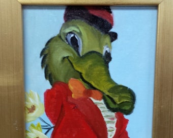 Alligator, Gator a Courtin', miniature,oils painting, framed, cartoon, original, Barbsgarden