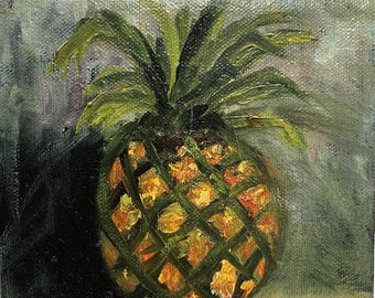 KitchenArt,Miniature, Pineapple, oil painting, 5x5,  canvas, BarbsGarden, Barbara Haviland-Texas Artist
