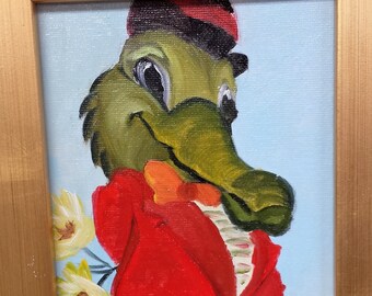 Studio Sale, Hand painted cartoon, alligator, Wall décor, original, Alligator a Courtin', miniature oil, framed, Barbara Haviland