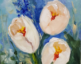 White Tulips, Flowers, oil painting, original, Hand-painted, 12x12, unframed, flora