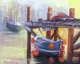 nautical, handpainted original, oil,   Boat and Wharf, water setting, oil painting, Barbara Haviland, Barbsgarden