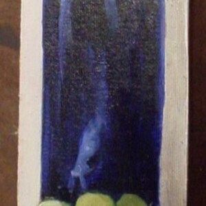 This 2"x12" oil painting of a Blue Bottle and green Grapes is ready for your collection. It is of course a  miniature.