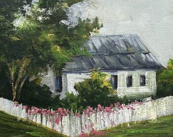 White Picket Fence and House, miniature, oil painting, 5x5, original, Plein Air, Hand-painted, BarbsGarden