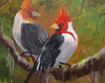 Wildlife, Birds, Handpainted, Red Crested Cardinals, songbirds, oil painting, Barbara Haviland,Walldecor, Art,