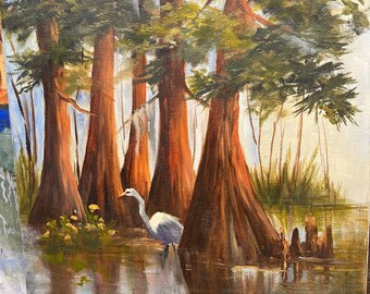 Five Sisters and Egret, Cypress Trees, Waterscape, oils,14x11, Barbara Haviland