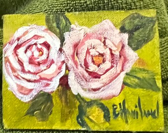 ACEO, Pink and White Roses,  hand-painted, oils, Barbara Haviland