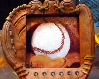 Baseball in Glove Frame, MIniature, oil painting, Barbara Haviland, original, Boys Room,