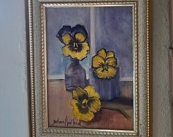 Studio Sale, Flowers, Hand-painted, oil Painting, Three Pansies, Framed, original oil, Purples, Barbara Haviland