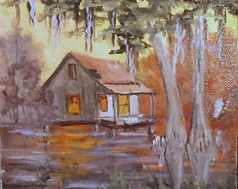 Bayou, miniature oil painting, original, signed, Barbara Barbsgarden Haviland