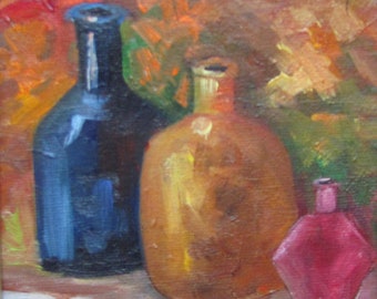 Three Colored Bottles, Framed, 5x5,Original,Hand-Painted, Oils, Barbsgarden