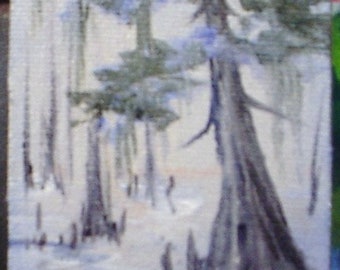 ACEO, Blue Cypress, original, canvas, Trees, Moss, Bayou, Barbara Haviland