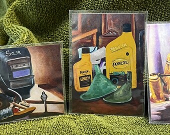 ACEO, 3 paintings, Welder, Pennzoil, Whisk Broom, Man Cave Items, Shop