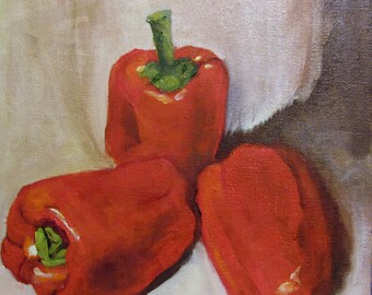 Red Peppers, Still Life, KitchenArt, OilPainting, 8x8, Canvas Panel, Barbsgarden