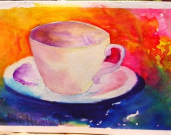 Cup and Saucer, Watercolor, 6x4, Bright colors, original, hand-painted, Barbara Haviland, dishes,