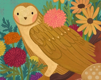Owl and Mums Art Print