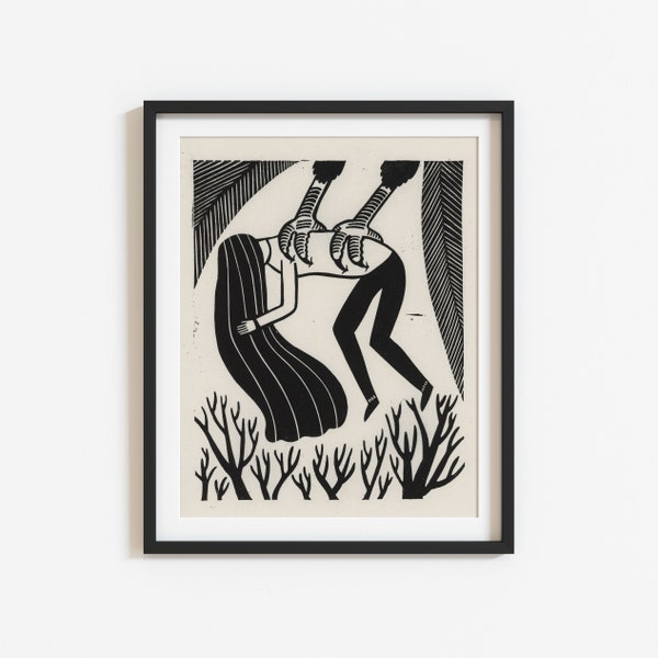 Bird Carrying Woman Block Print