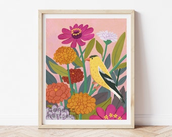 Zinnias and Goldfinch Art Print