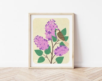 Lilacs and Sparrow Art Print