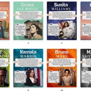 Könnte beinhalten: Eine Collage aus zwölf bunten Karten mit Porträts von bemerkenswerten Persönlichkeiten, jede mit einem Zitat und ihrem Namen. Die Karten sind in einem Raster aus vier Reihen und drei Spalten angeordnet.