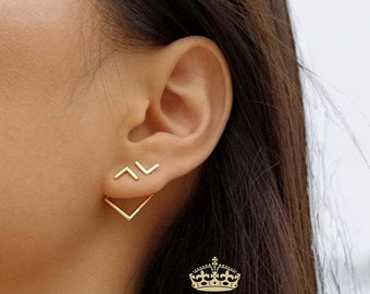 Geometrische Ohrringe, zierliche Ohrjacken-Ohrringe, moderner Schmuck, Gold-Silber-Dreieck-Ohrjacken-Geschenk für Sie, minimalistisch