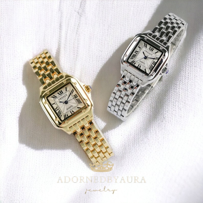 Luxuriöse Uhr mit Monogramm-Mom-Uhren, Damenuhr, beste goldfarbene Uhren, minimalistisches quadratisches Design, Geschenk für Sie Bild 7