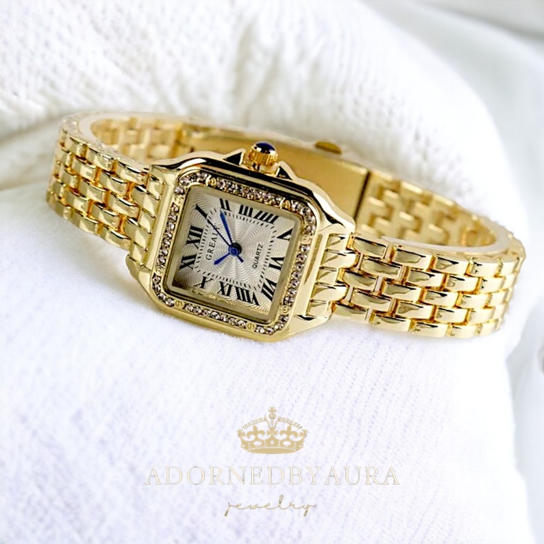Luxuriöse Uhr mit Monogramm-Mom-Uhren, Damenuhr, beste goldfarbene Uhren, minimalistisches quadratisches Design, Geschenk für Sie Gold with Diamond