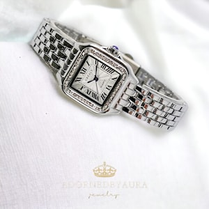 Luxuriöse Uhr mit Monogramm-Mom-Uhren, Damenuhr, beste goldfarbene Uhren, minimalistisches quadratisches Design, Geschenk für Sie Silver with Diamond
